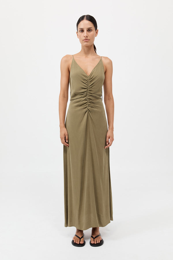 Gathered Tie Dress - Olive