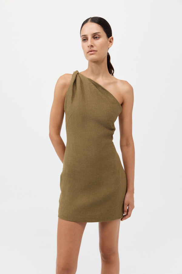 Twisted Linen Mini Dress - Olive