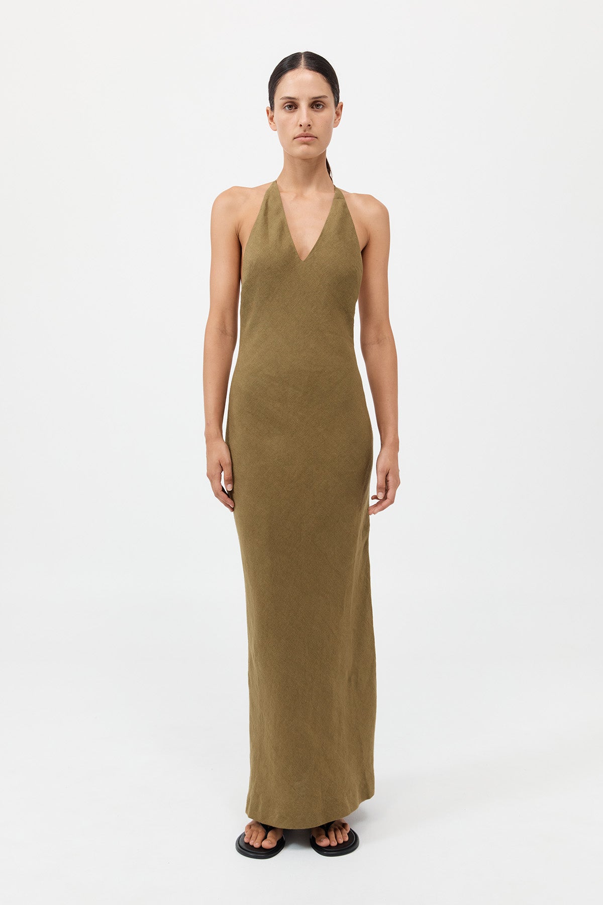 Linen Bias Halter Dress - Olive