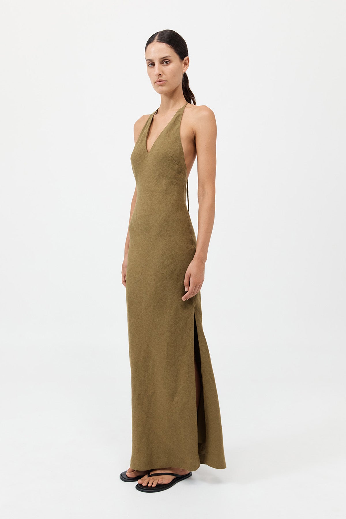 Linen Bias Halter Dress - Olive