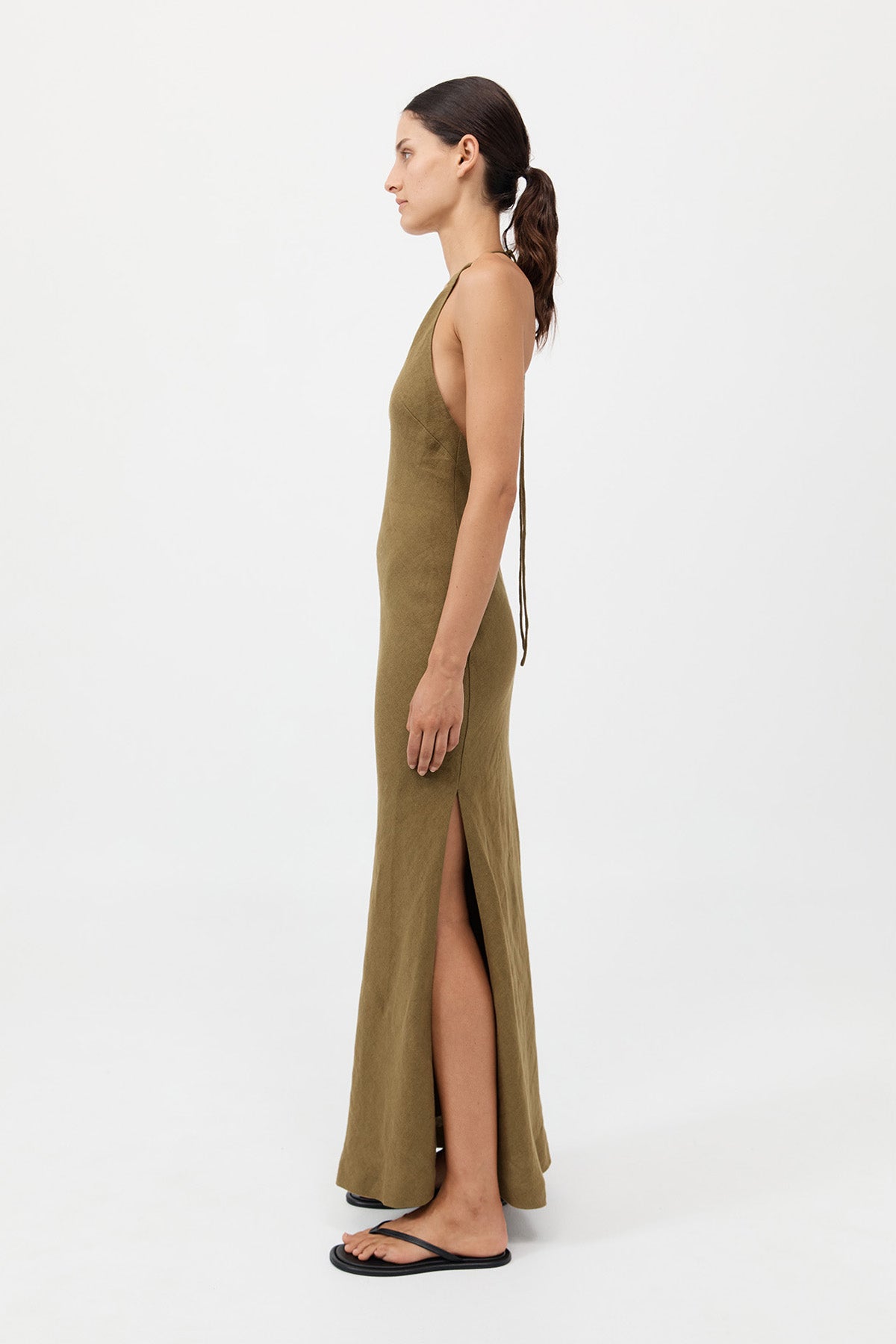 Linen Bias Halter Dress - Olive