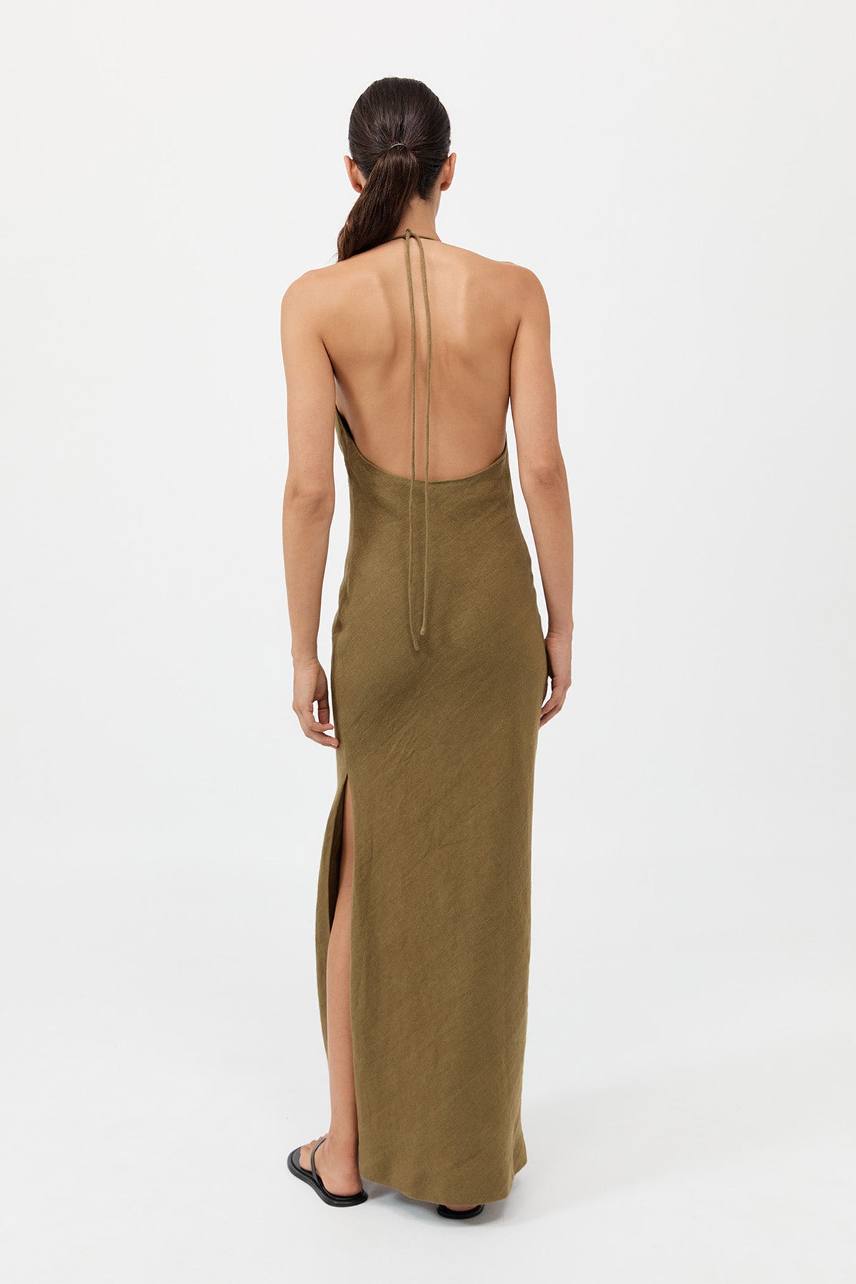 Linen Bias Halter Dress - Olive