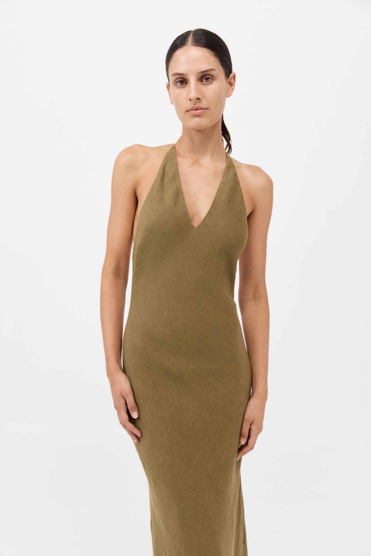 Linen Bias Halter Dress - Olive