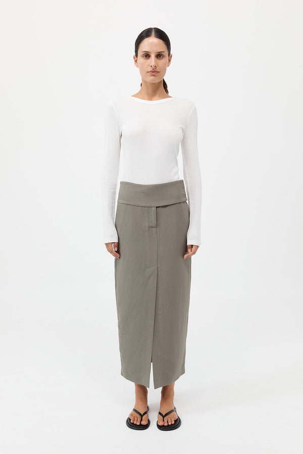 Wide Waistband Column Skirt - Smokey Olive