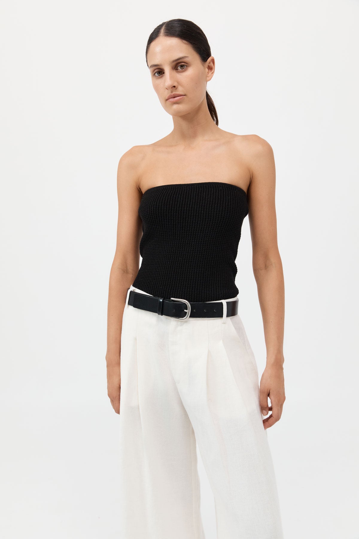 Textured Knit Strapless Top - Black