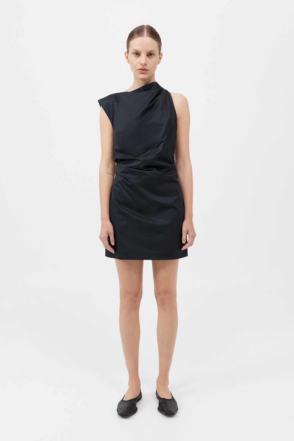 Asymmetric Tuck Mini Dress - Black