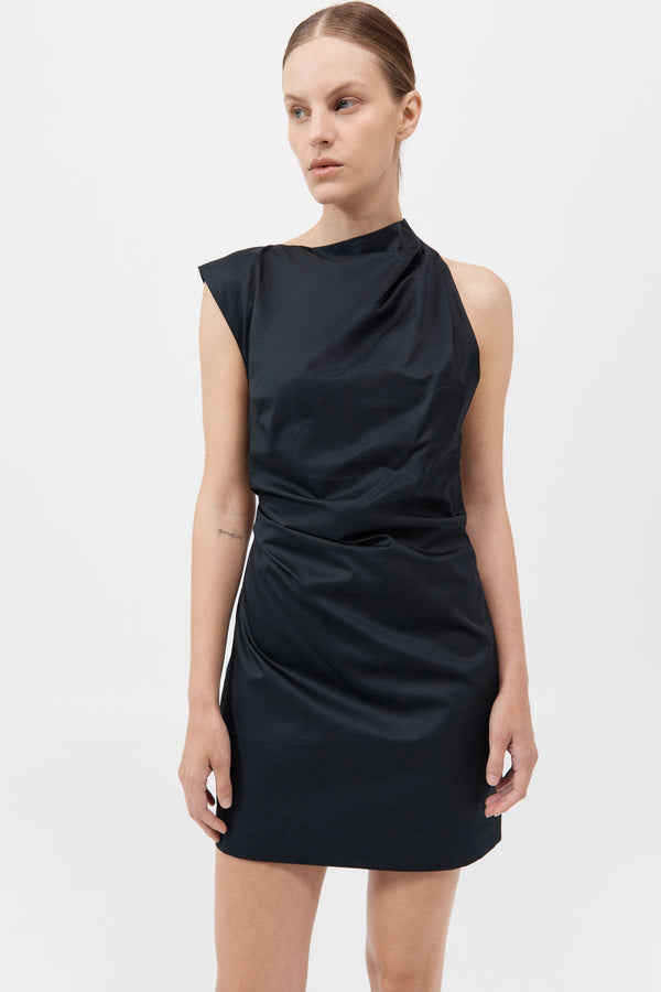 Asymmetric Tuck Mini Dress - Black