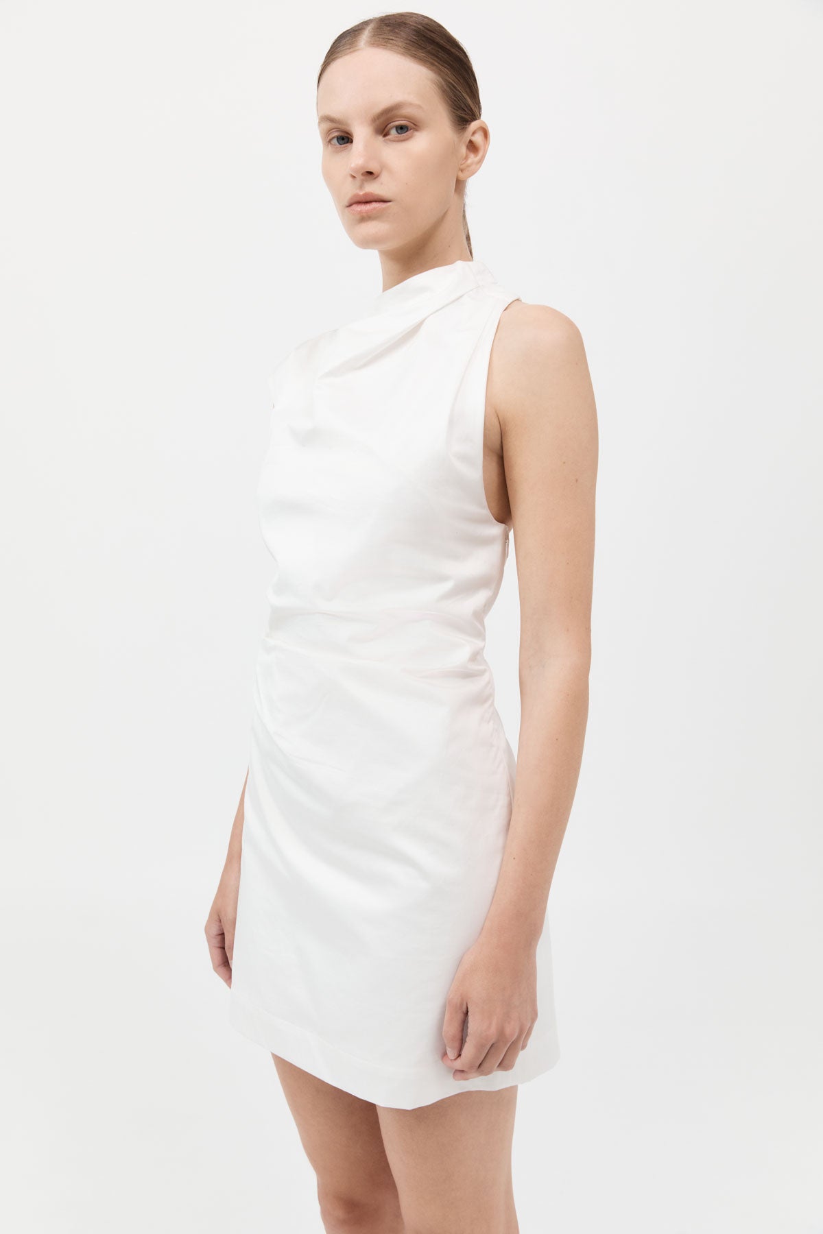 Asymmetric Tuck Mini Dress - White