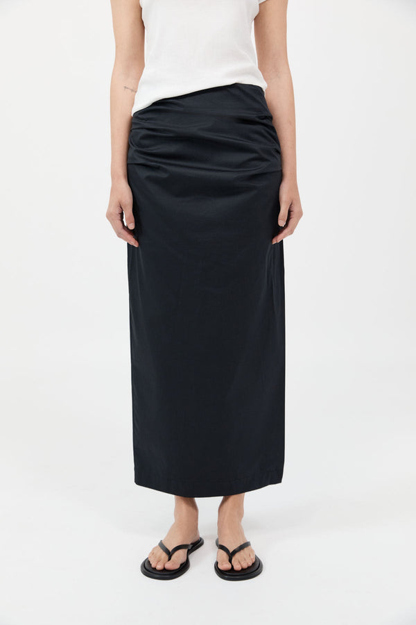 Cotton Tuck Midi Skirt - Black