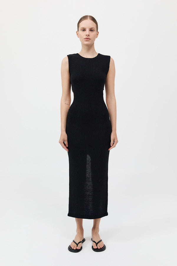 Linen Silk Blend Cut Out Dress - Black