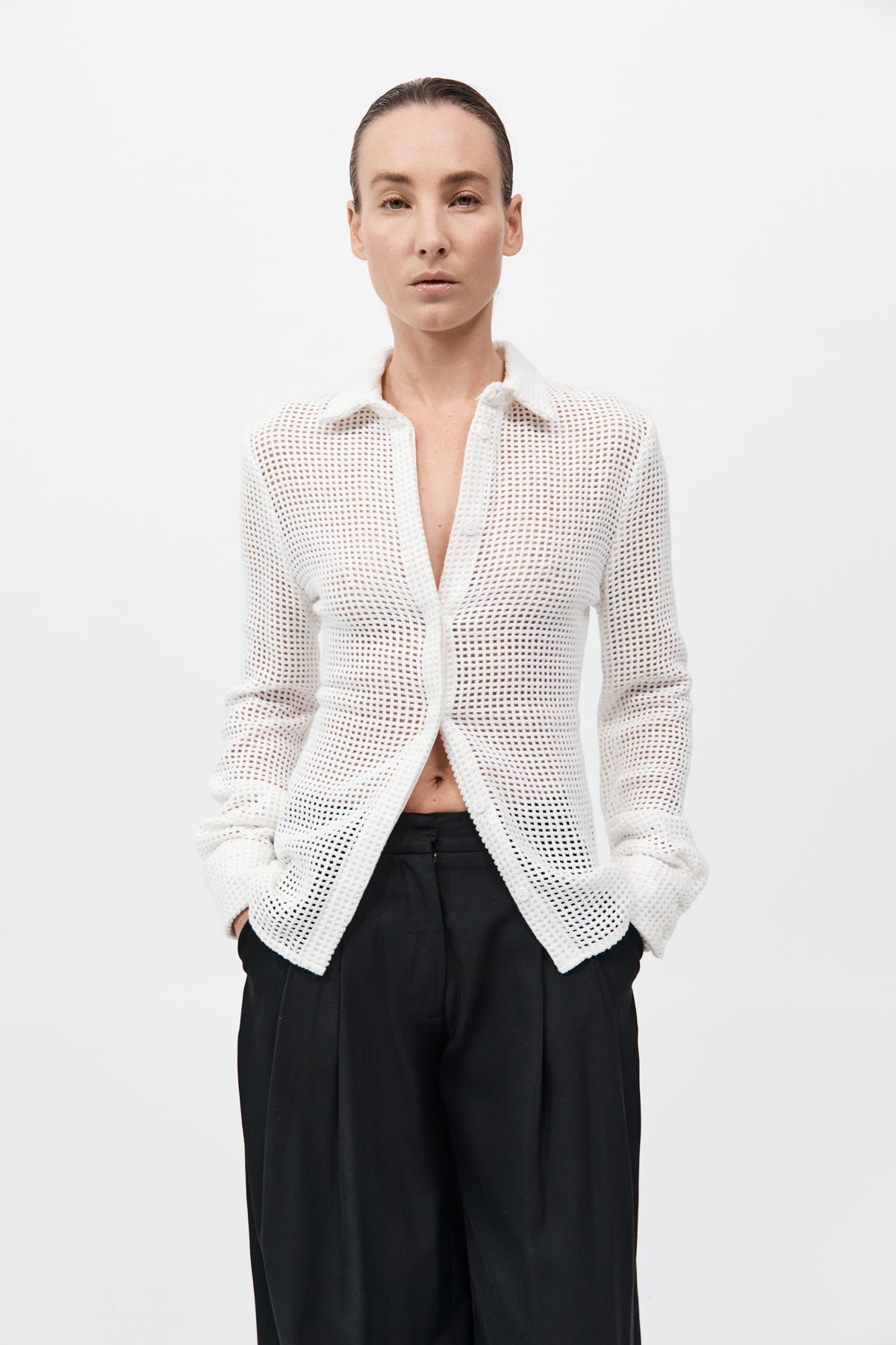 Fitted Cotton Grid Shirt - White