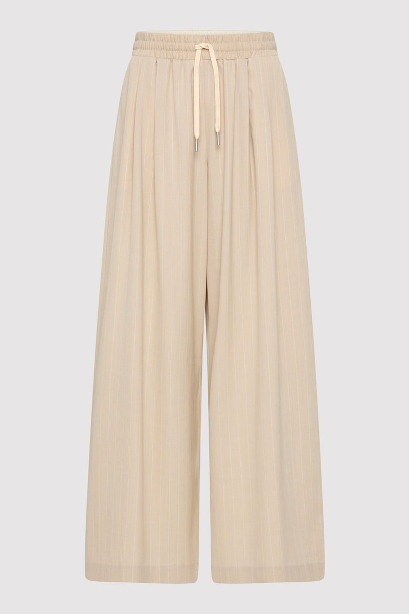 Pinstripe Wool Drawstring Pants - Latte