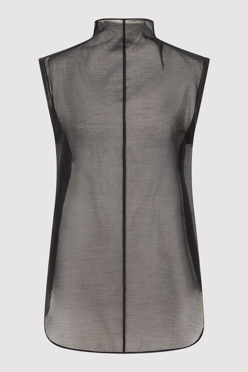 Sheer Silk Leather Trim Top - Black