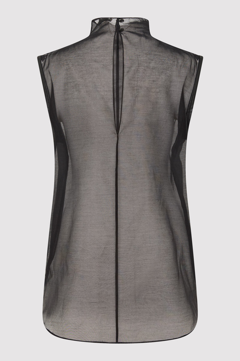 Sheer Silk Leather Trim Top - Black